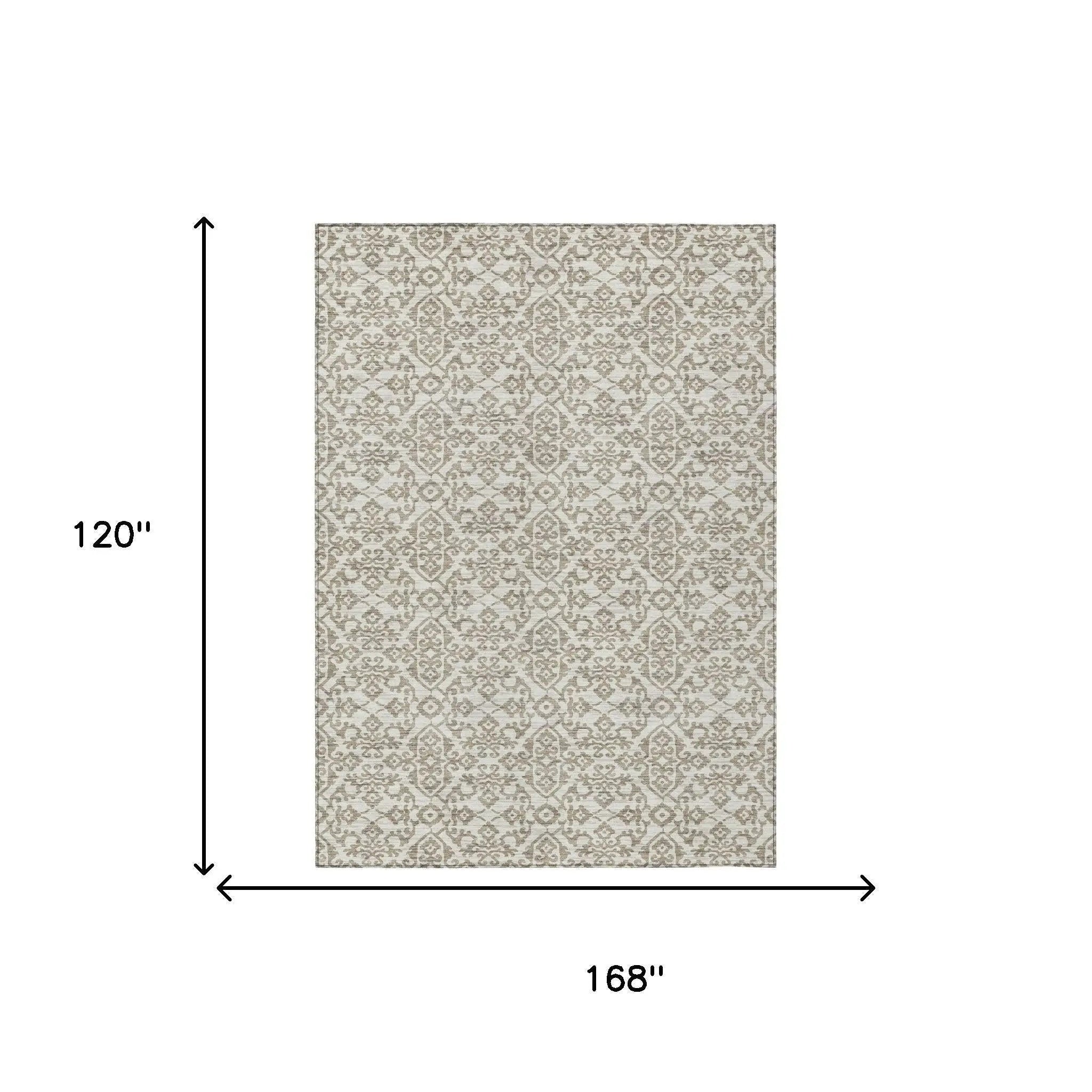 10' X 14' Ivory And Beige Damask Washable Indoor Outdoor Area Rug Homeroots Outdoor