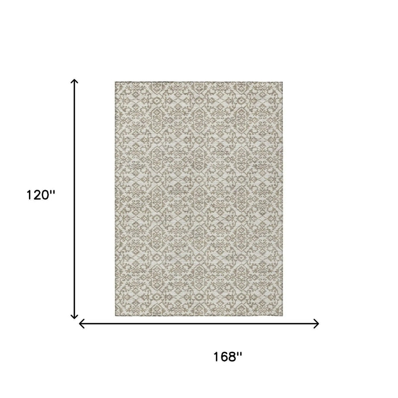 10' X 14' Ivory And Beige Damask Washable Indoor Outdoor Area Rug Homeroots Outdoor