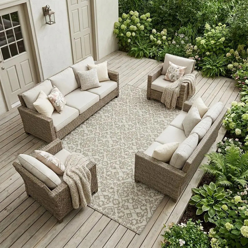 10' X 14' Ivory And Beige Damask Washable Indoor Outdoor Area Rug Homeroots Outdoor
