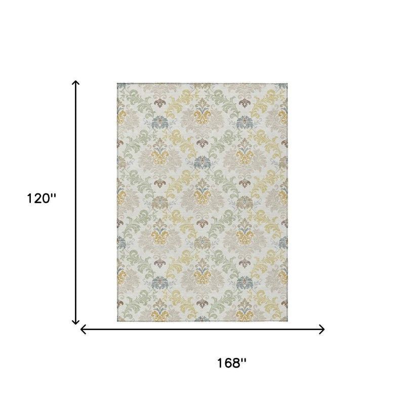 10' X 14' Ivory And Beige Damask Washable Indoor Outdoor Area Rug Homeroots Outdoor