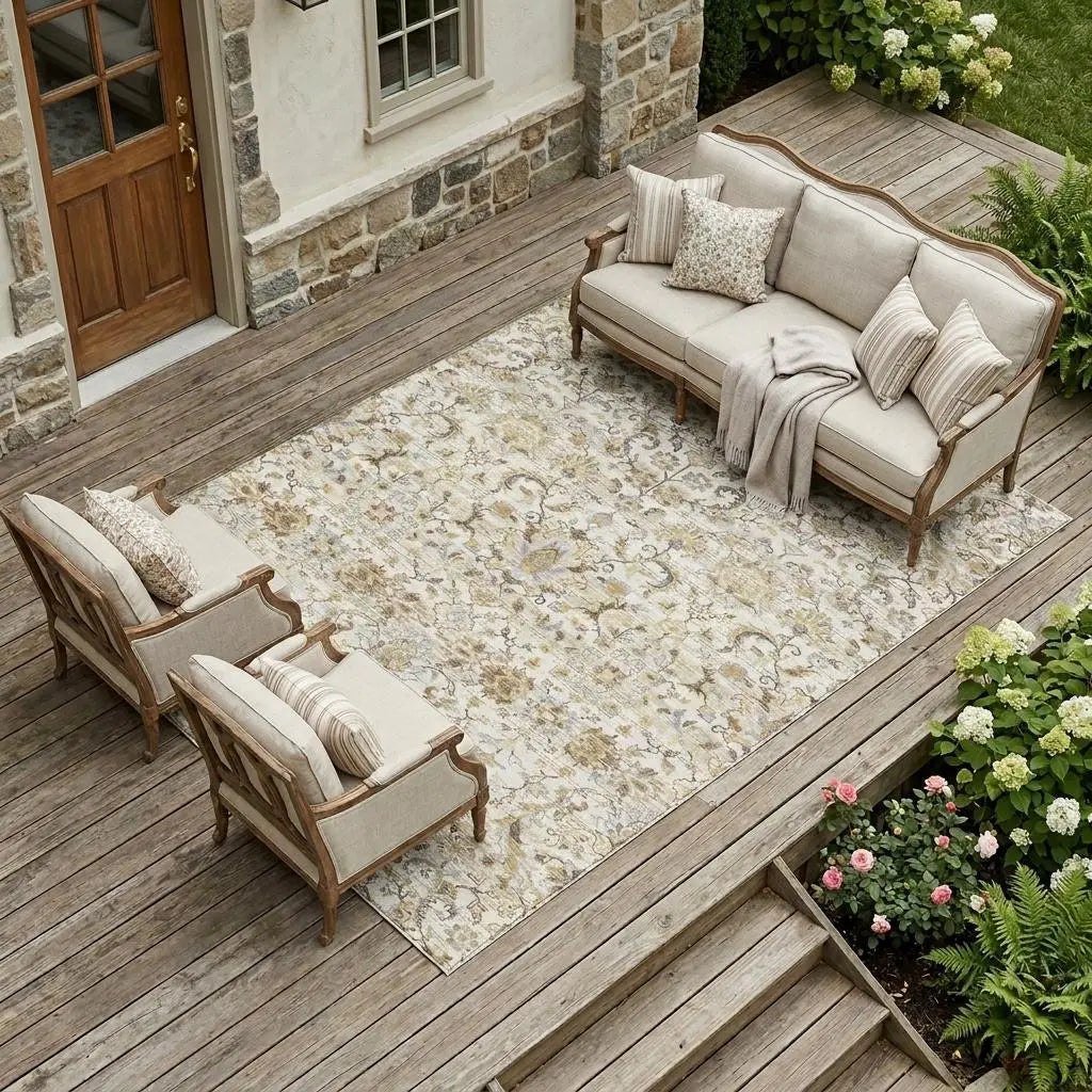 10' X 14' Ivory And Beige Floral Medallion Washable Indoor Outdoor Area Rug Homeroots Outdoor