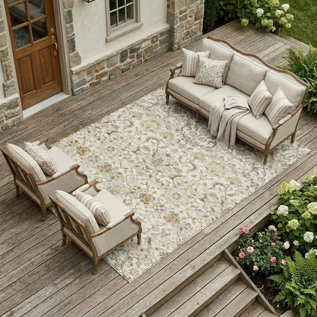 10' X 14' Ivory And Beige Floral Medallion Washable Indoor Outdoor Area Rug Homeroots Outdoor