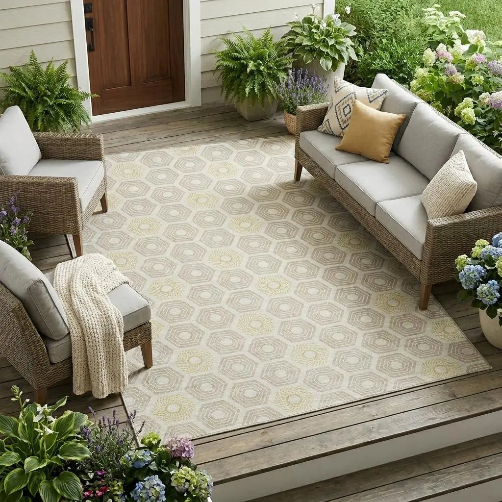 10' X 14' Ivory And Beige Geometric Washable Indoor Outdoor Area Rug Homeroots Outdoor