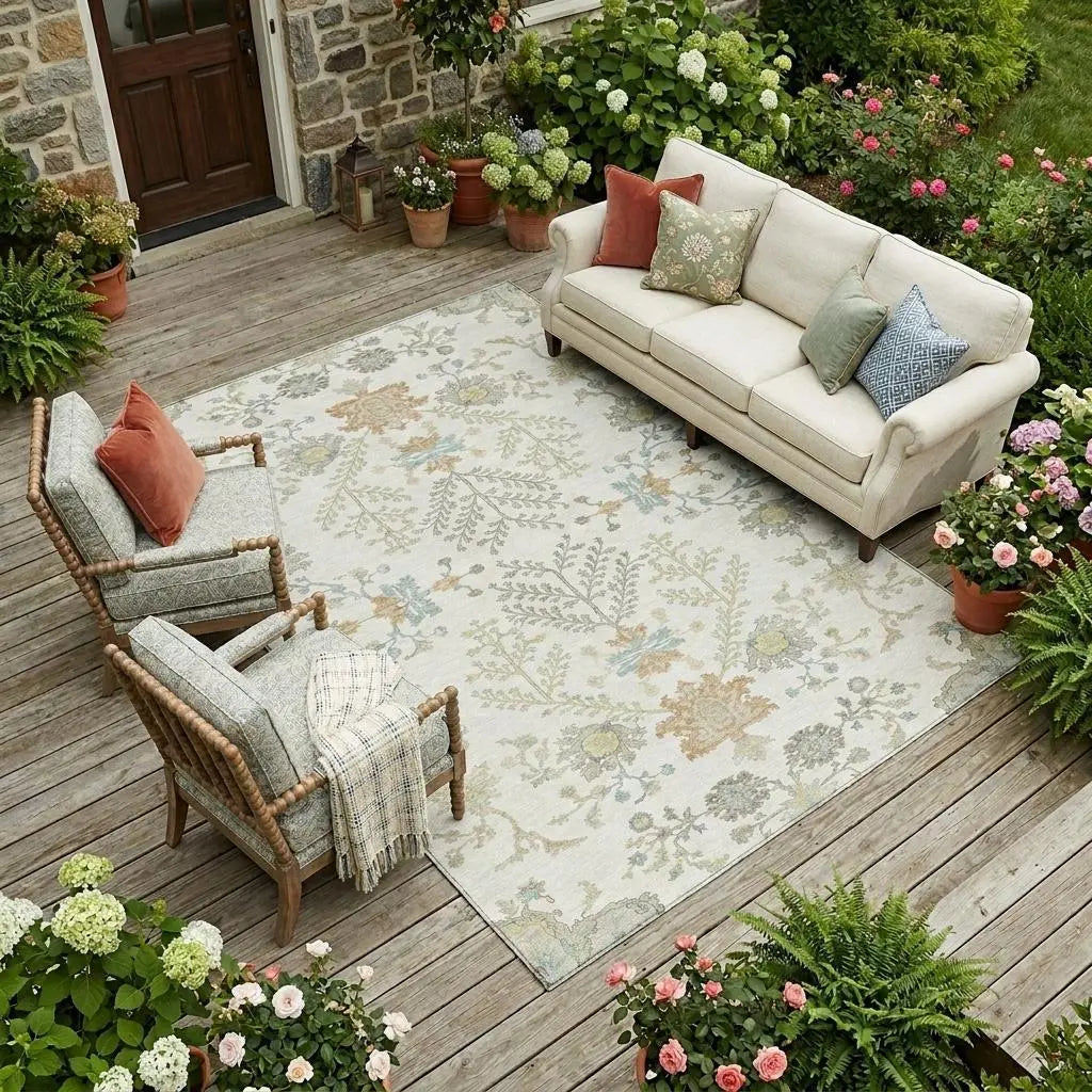10' X 14' Ivory And Beige Oriental Washable Indoor Outdoor Area Rug Homeroots Outdoor