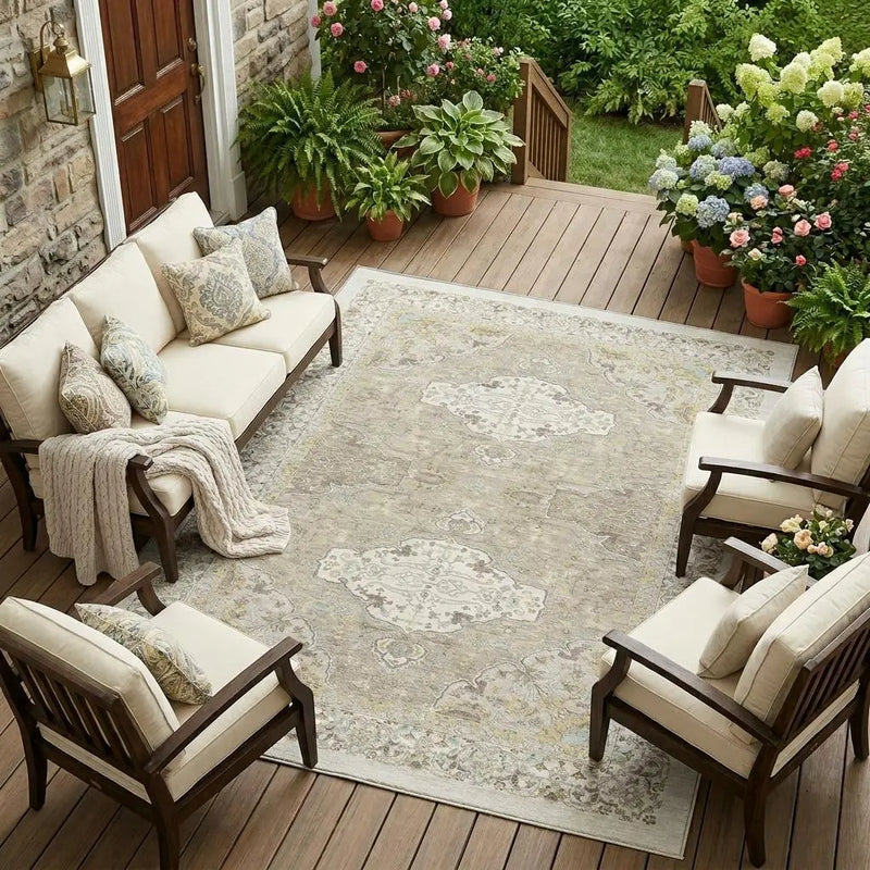 10' X 14' Ivory And Beige Oriental Washable Indoor Outdoor Area Rug Homeroots Outdoor