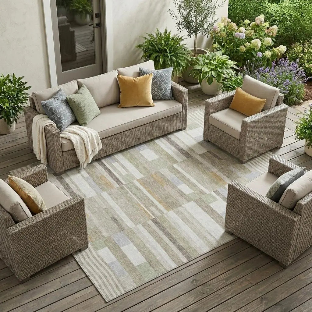 10' X 14' Ivory And Beige Striped Washable Indoor Outdoor Area Rug Homeroots Outdoor