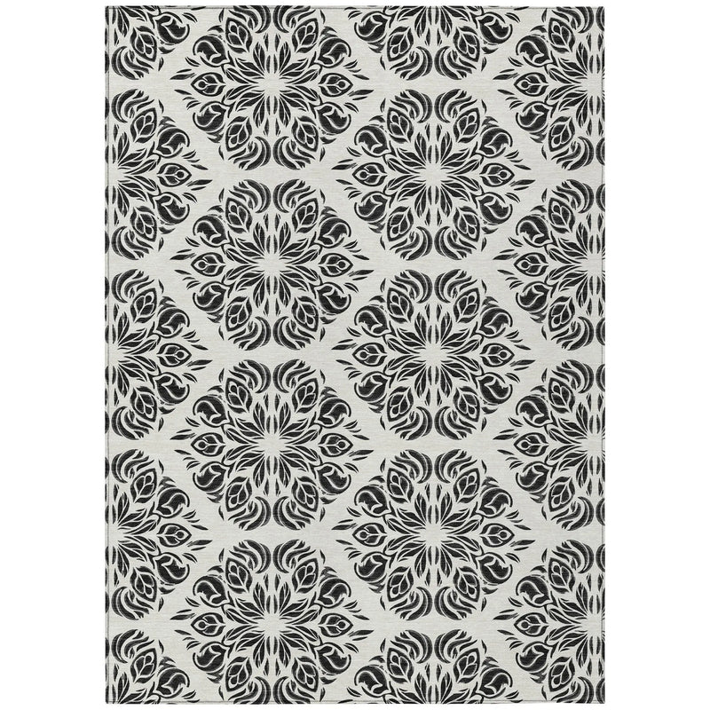 10' X 14' Ivory And Black Damask Washable Indoor Outdoor Area Rug Homeroots Outdoor