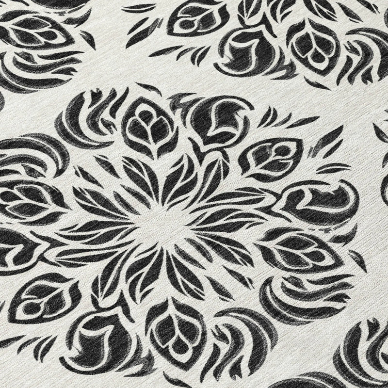 10' X 14' Ivory And Black Damask Washable Indoor Outdoor Area Rug Homeroots Outdoor