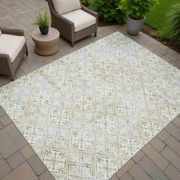 10' X 14' Ivory And Blue Geometric Washable Indoor Outdoor Area Rug Homeroots Outdoor