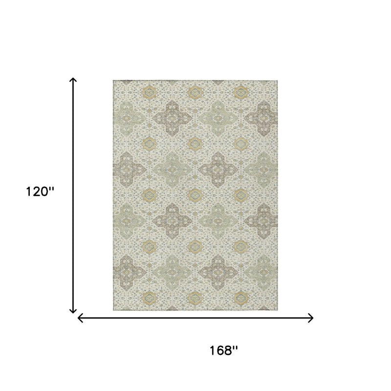10' X 14' Ivory And Brown Damask Washable Indoor Outdoor Area Rug Homeroots Outdoor
