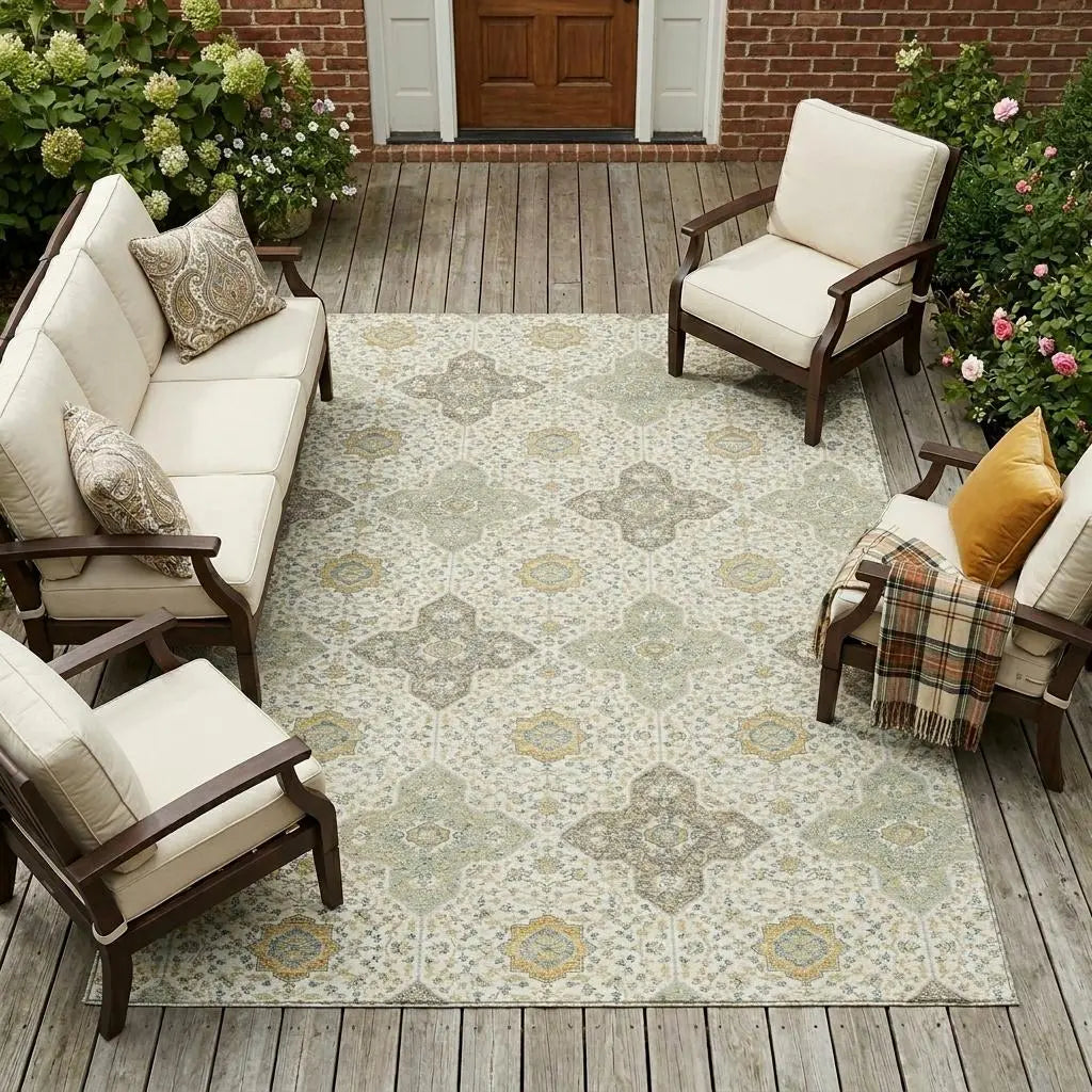 10' X 14' Ivory And Brown Damask Washable Indoor Outdoor Area Rug Homeroots Outdoor
