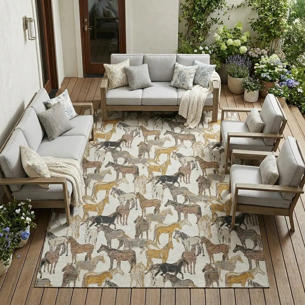 10' X 14' Ivory And Brown Horse Washable Indoor Outdoor Area Rug Homeroots Outdoor