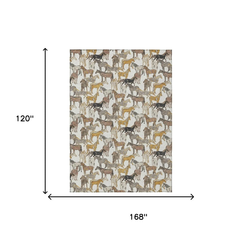 10' X 14' Ivory And Brown Horse Washable Indoor Outdoor Area Rug Homeroots Outdoor