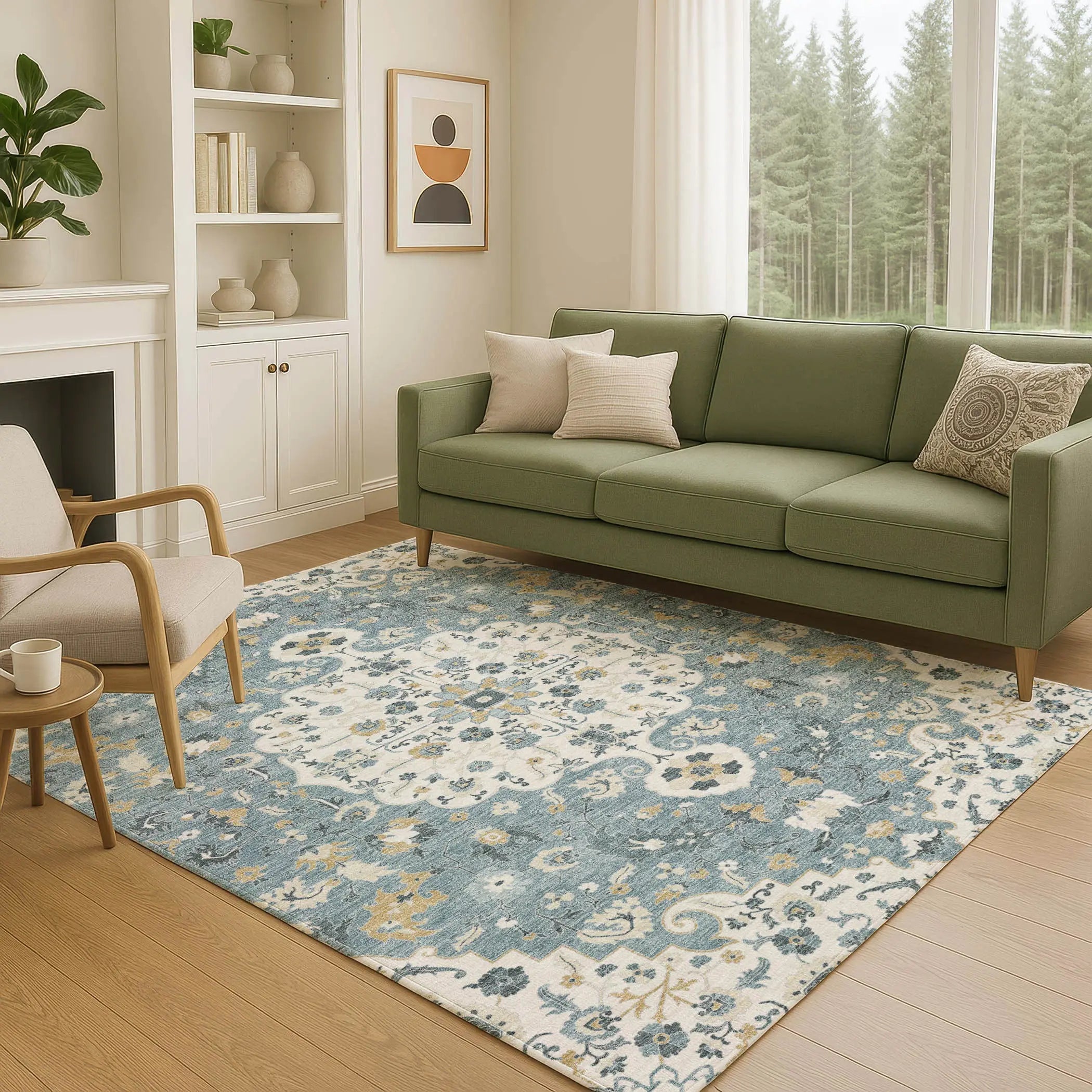 10' X 14' Ivory And Denim Blue Floral Medallion Washable Indoor Outdoor Area Rug Homeroots Outdoor