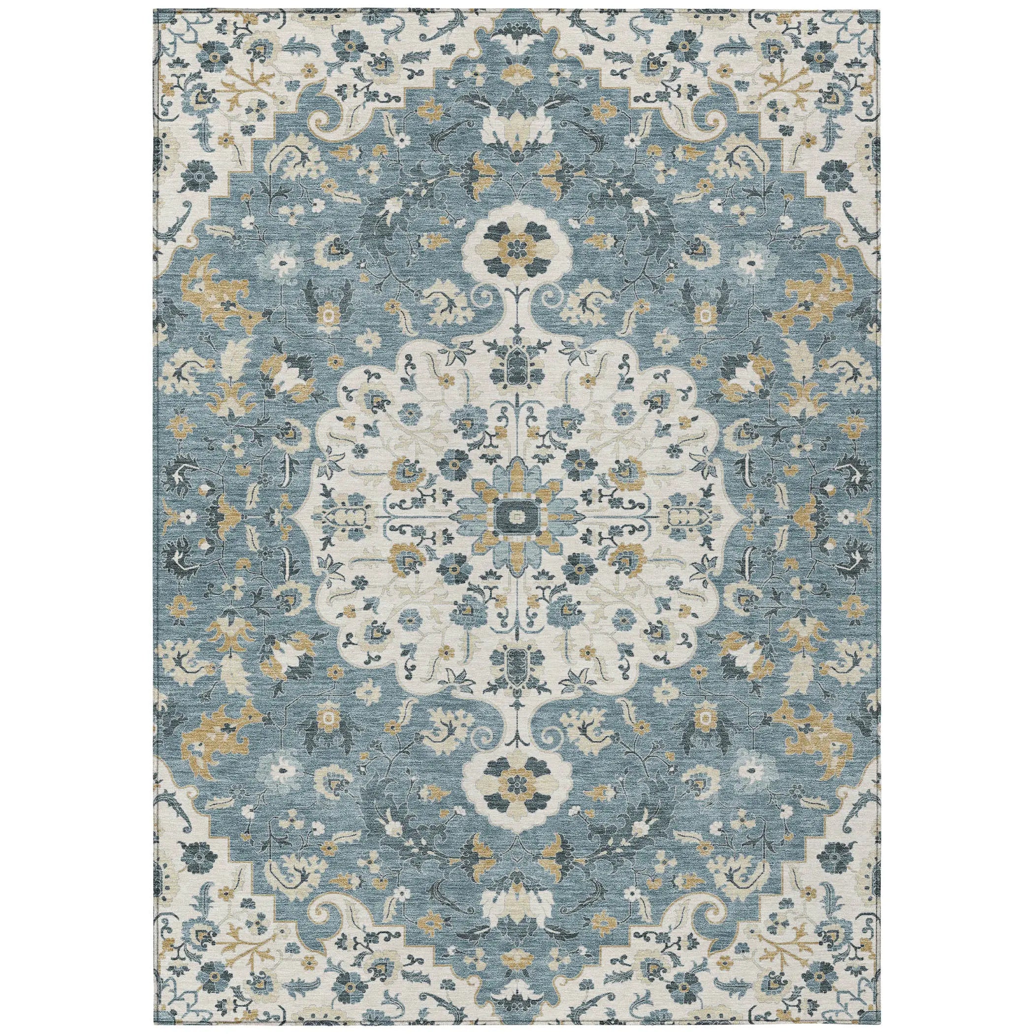 10' X 14' Ivory And Denim Blue Floral Medallion Washable Indoor Outdoor Area Rug Homeroots Outdoor
