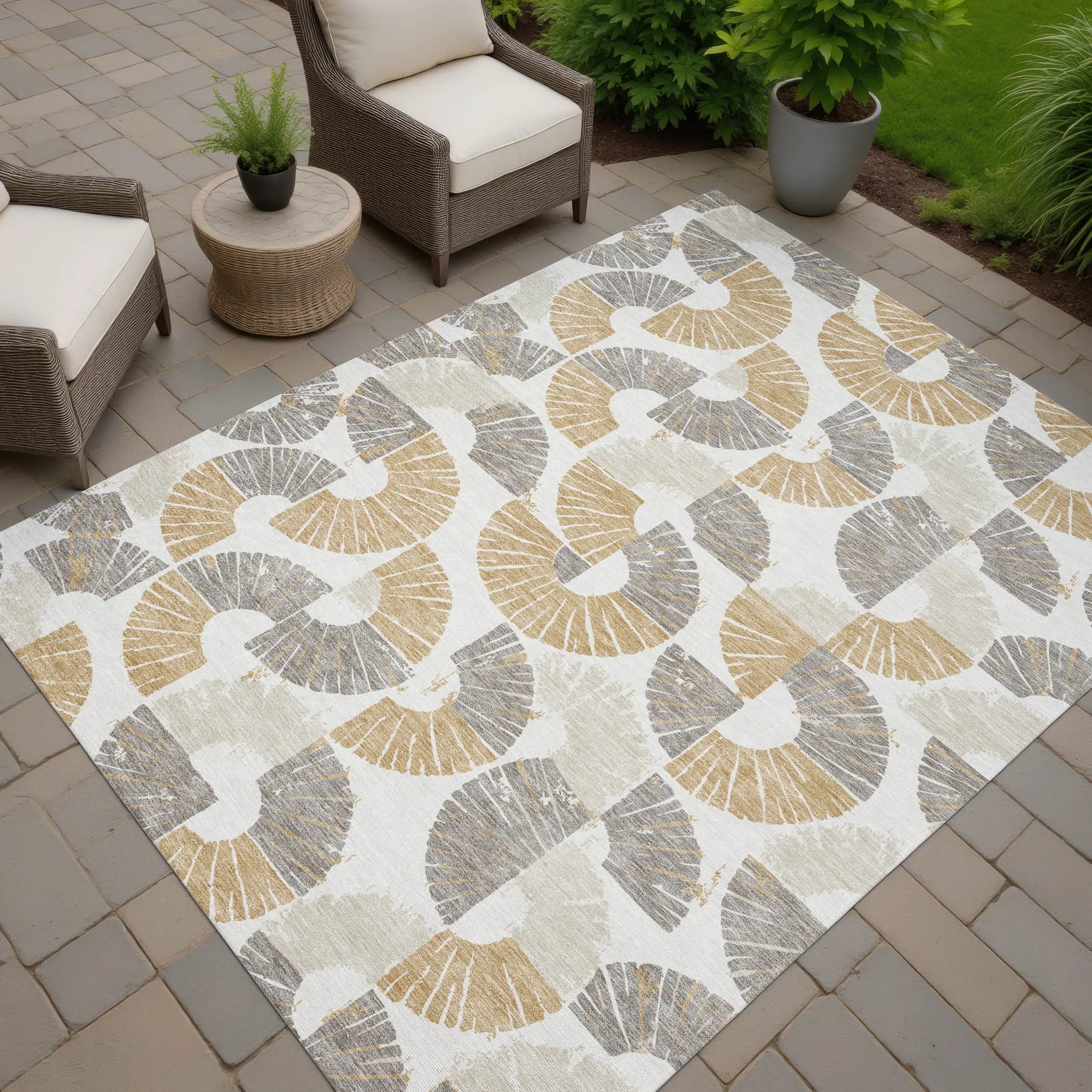 10' X 14' Ivory And Gold Geometric Washable Indoor Outdoor Area Rug Homeroots Outdoor