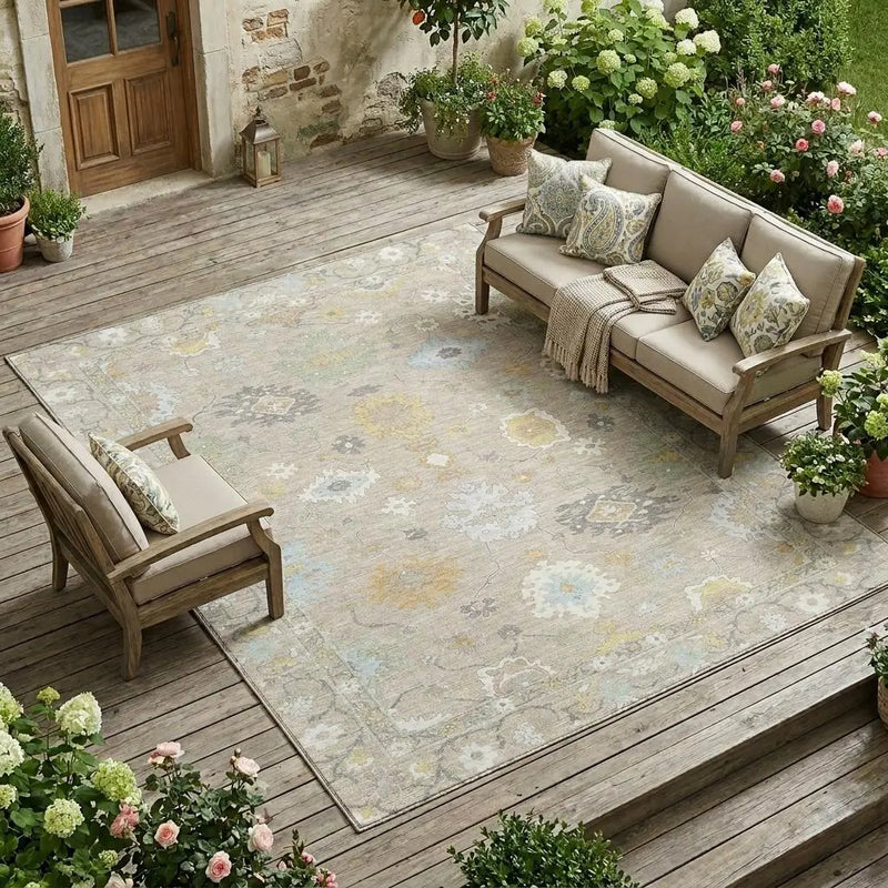 10' X 14' Ivory And Gray Oriental Washable Indoor Outdoor Area Rug Homeroots Outdoor