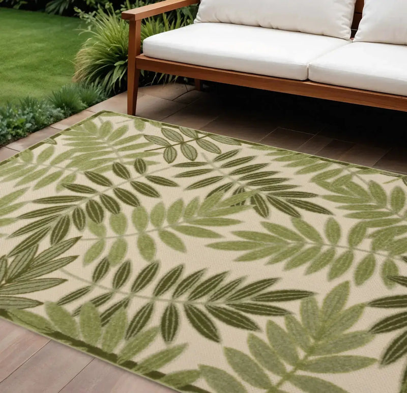 10' X 14' Ivory And Green Palm Leaf Indoor Outdoor Area Rug Homeroots Outdoor