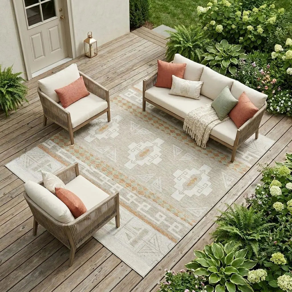 10' X 14' Ivory And Green Tribal Washable Indoor Outdoor Area Rug Homeroots Outdoor