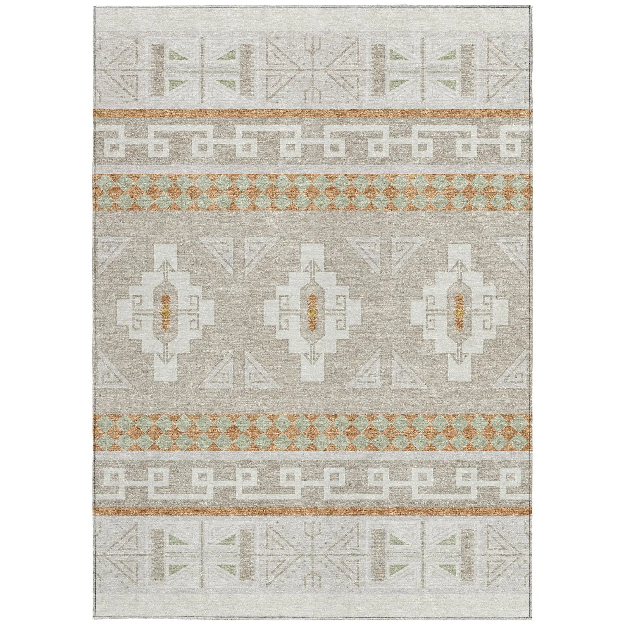 10' X 14' Ivory And Green Tribal Washable Indoor Outdoor Area Rug Homeroots Outdoor
