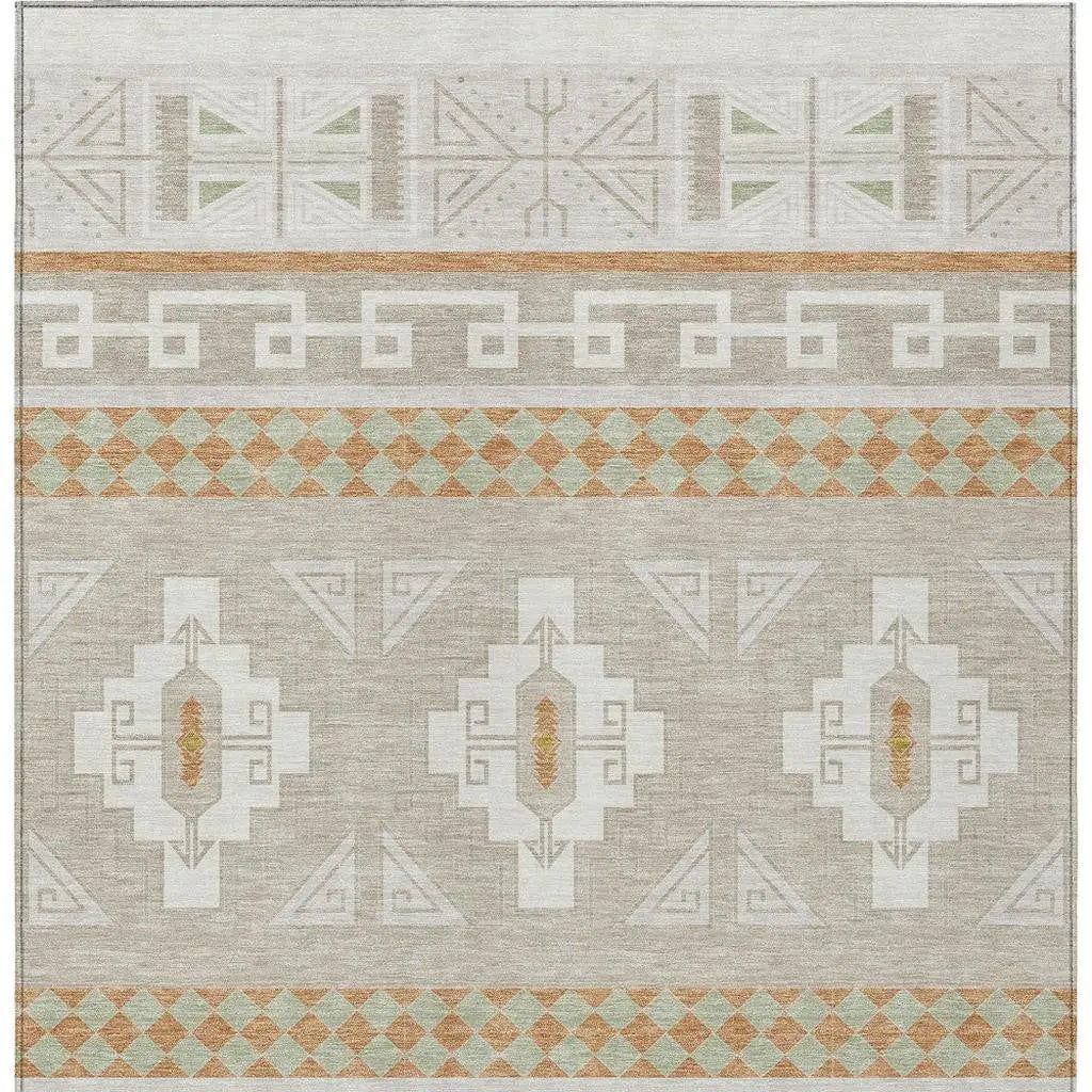 10' X 14' Ivory And Green Tribal Washable Indoor Outdoor Area Rug Homeroots Outdoor
