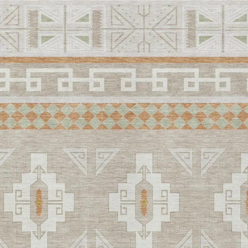10' X 14' Ivory And Green Tribal Washable Indoor Outdoor Area Rug Homeroots Outdoor