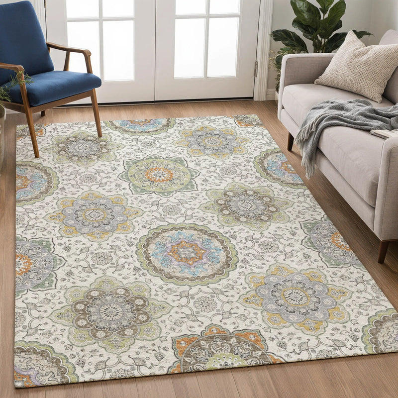10' X 14' Ivory And Khaki Floral Medallion Washable Indoor Outdoor Area Rug Homeroots Outdoor