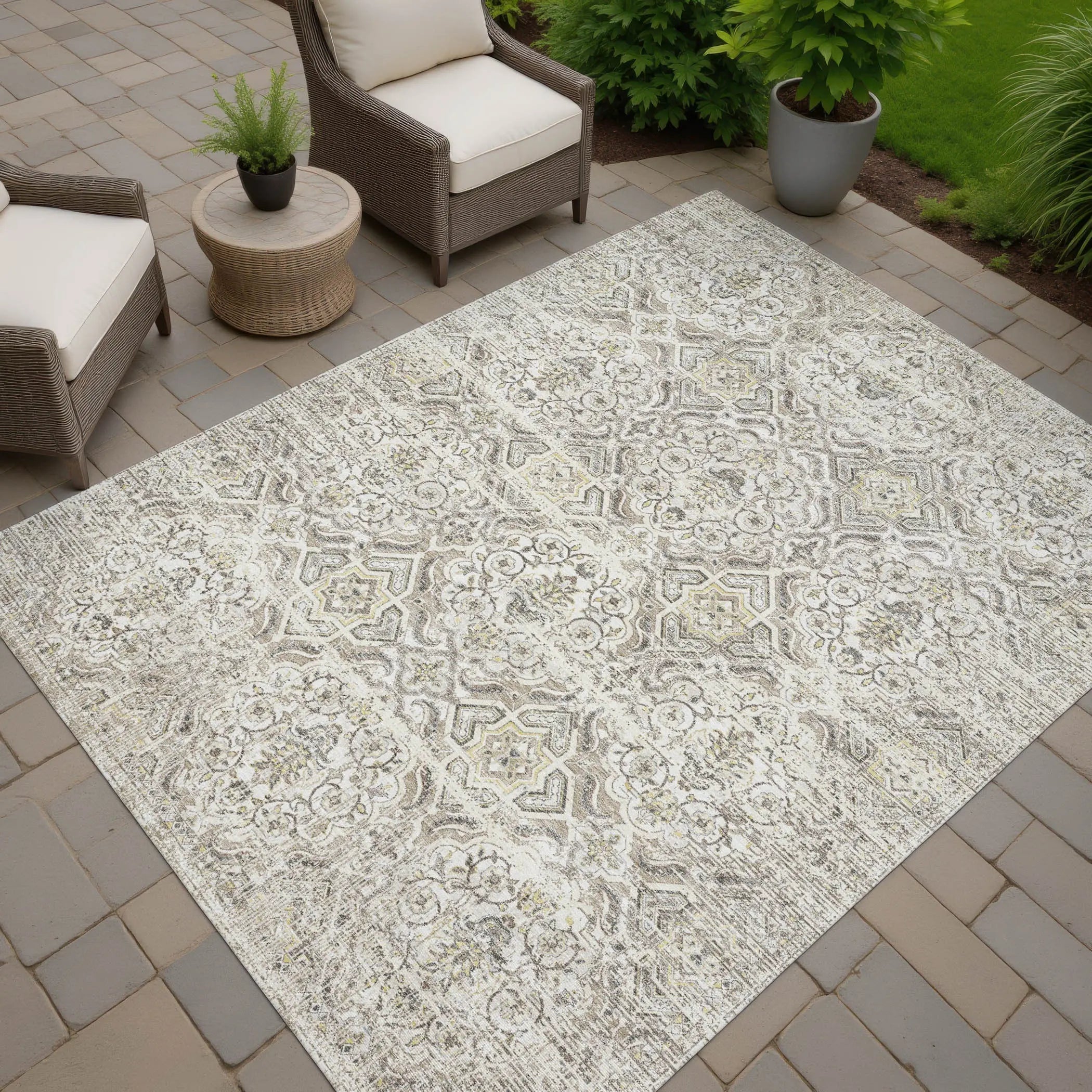 10' X 14' Ivory And Linen Floral Washable Indoor Outdoor Area Rug Homeroots Outdoor