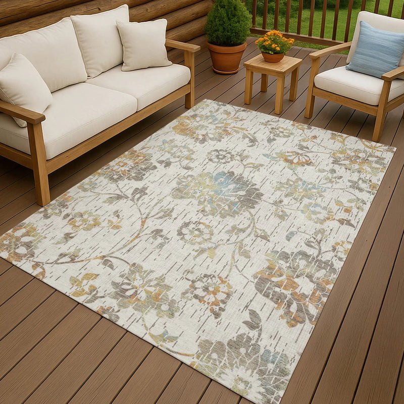 10' X 14' Ivory And Linen Floral Washable Indoor Outdoor Area Rug Homeroots Outdoor