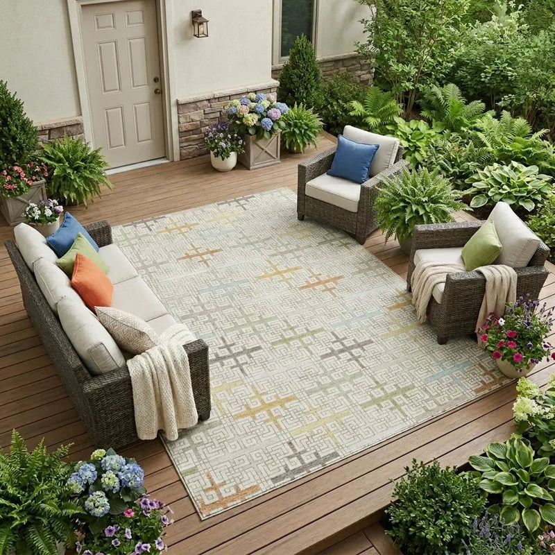 10' X 14' Ivory And Linen Geometric Washable Indoor Outdoor Area Rug Homeroots Outdoor