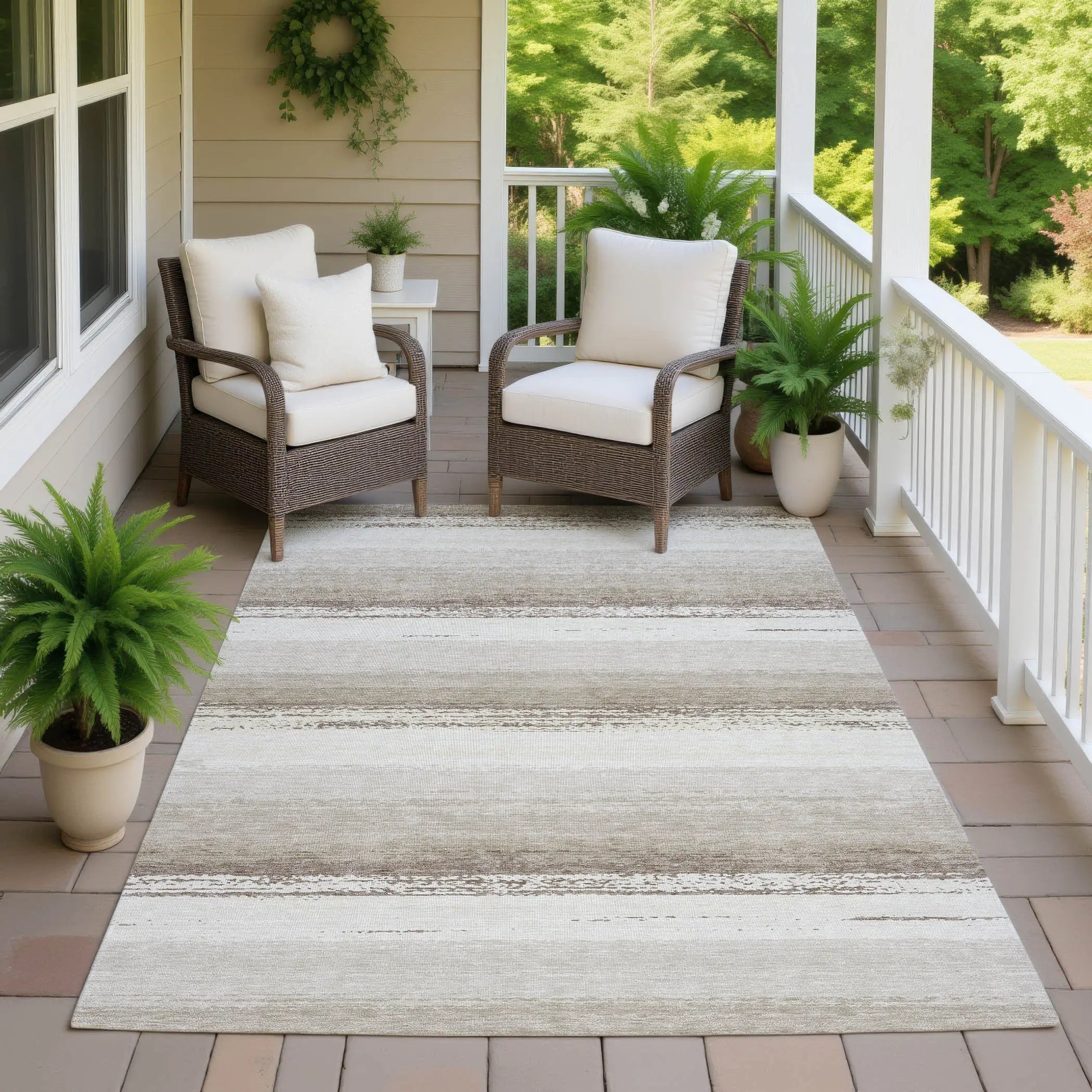 10' X 14' Ivory And Linen Striped Washable Indoor Outdoor Area Rug Homeroots Outdoor