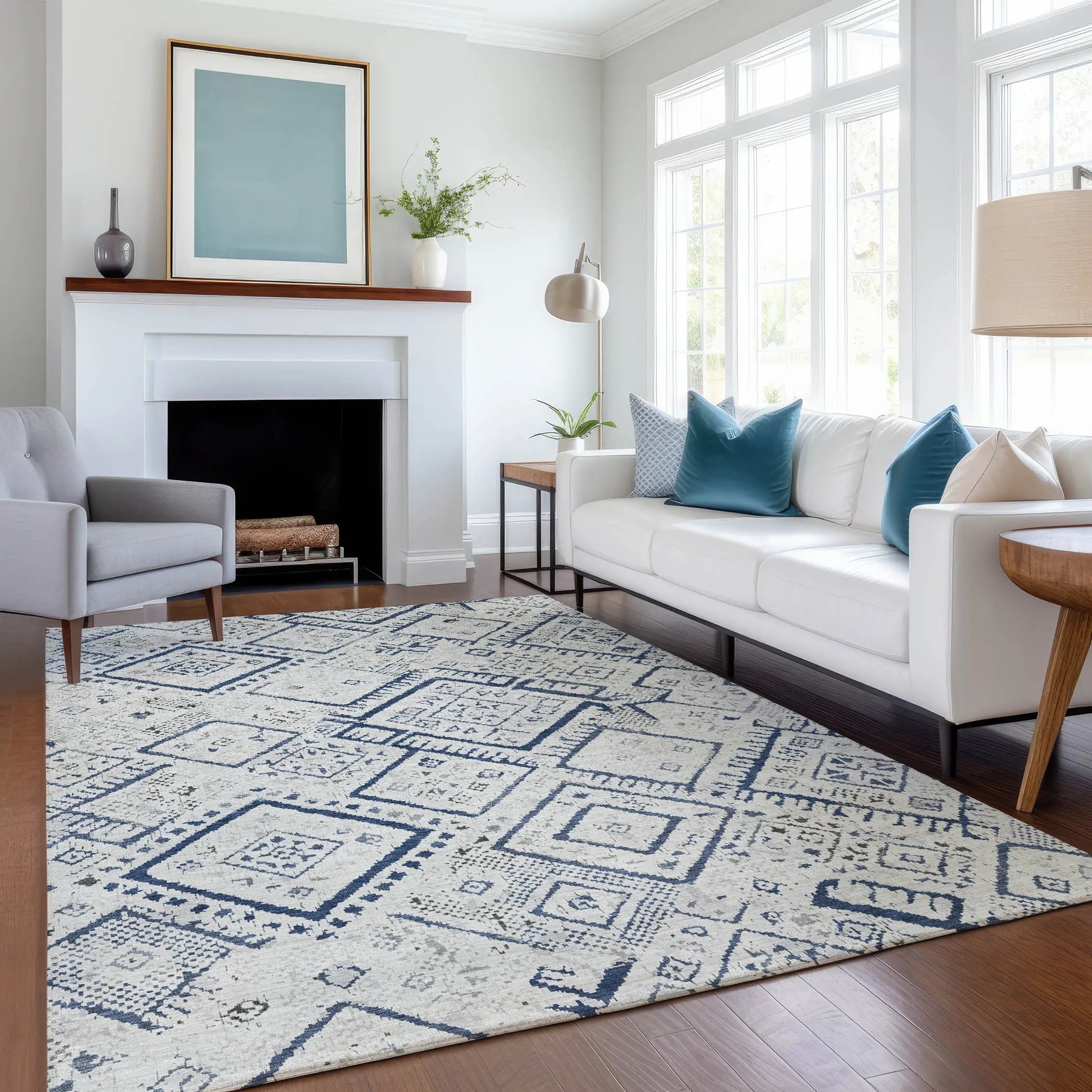 10' X 14' Ivory And Navy Blue Geometric Washable Indoor Outdoor Area Rug Homeroots Outdoor