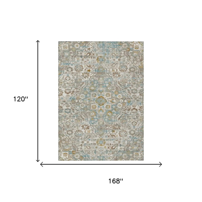 10' X 14' Ivory And Pewter Floral Medallion Washable Indoor Outdoor Area Rug Homeroots Outdoor