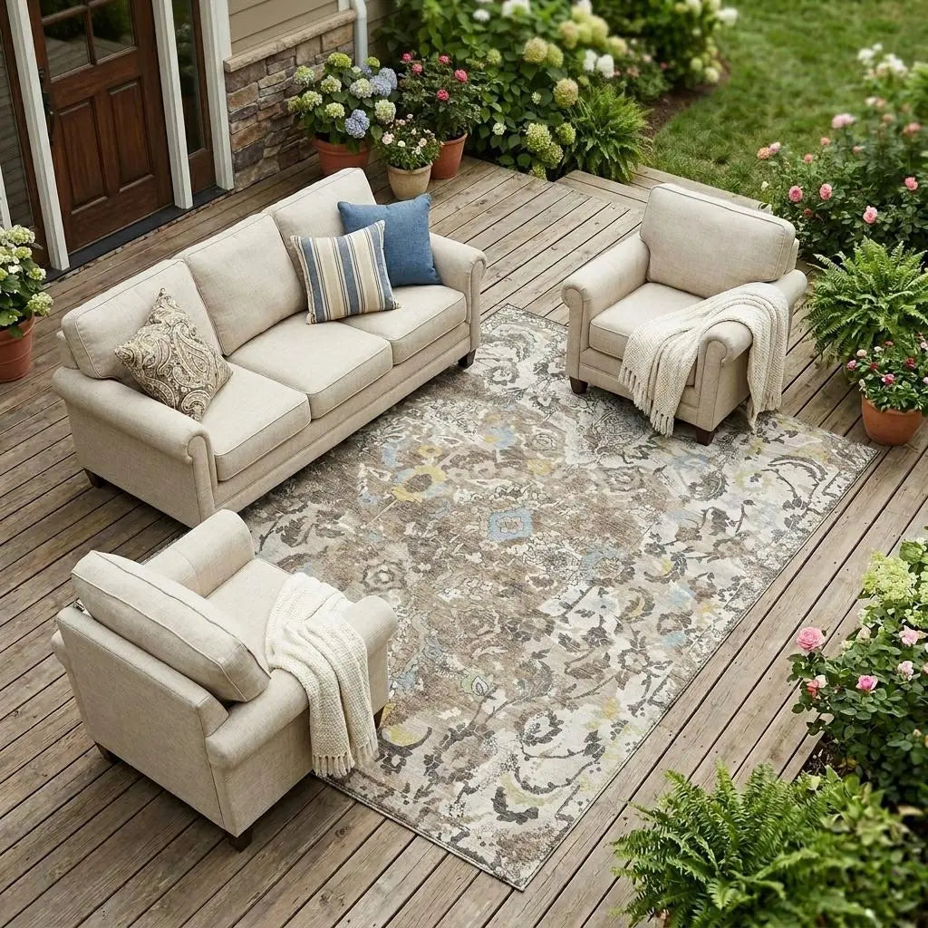 10' X 14' Ivory And Pewter Floral Washable Indoor Outdoor Area Rug Homeroots Outdoor