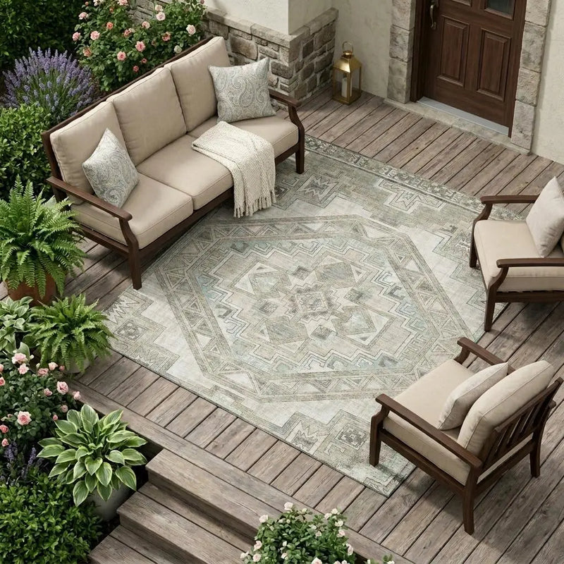 10' X 14' Ivory And Pewter Southwestern Washable Indoor Outdoor Area Rug Homeroots Outdoor