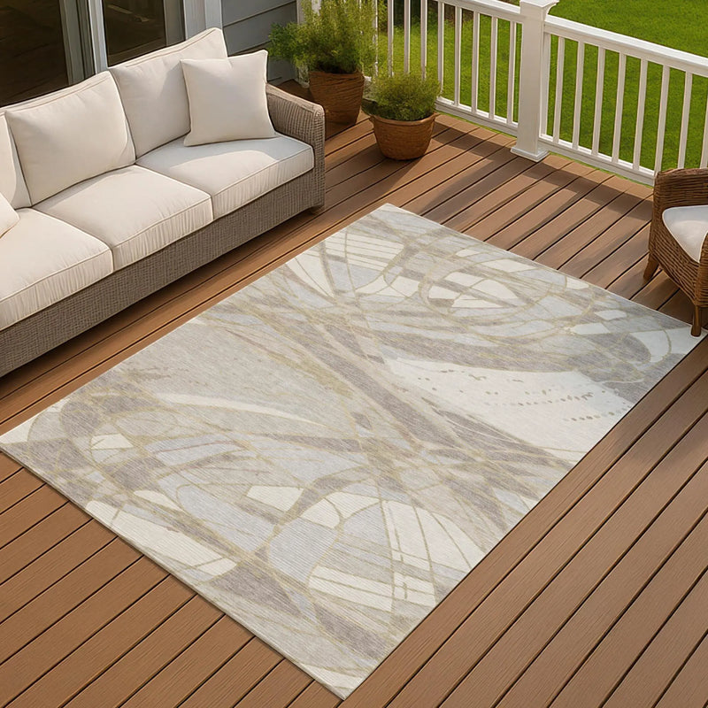 10' X 14' Ivory And Silver Abstract Washable Indoor Outdoor Area Rug Homeroots Outdoor