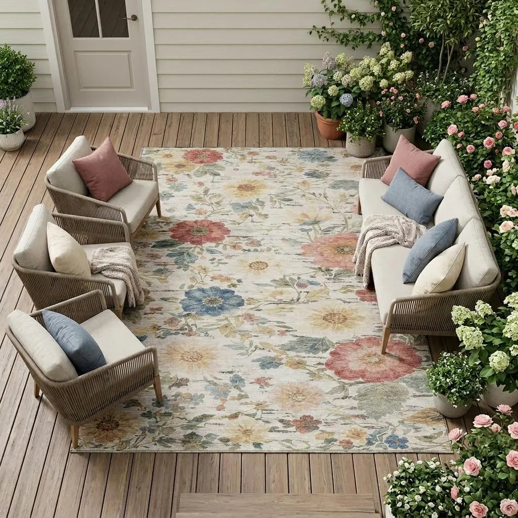 10' X 14' Ivory And Silver Floral Washable Indoor Outdoor Area Rug Homeroots Outdoor