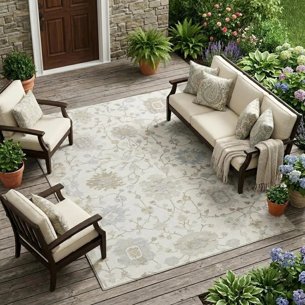10' X 14' Ivory And Silver Floral Washable Indoor Outdoor Area Rug Homeroots Outdoor