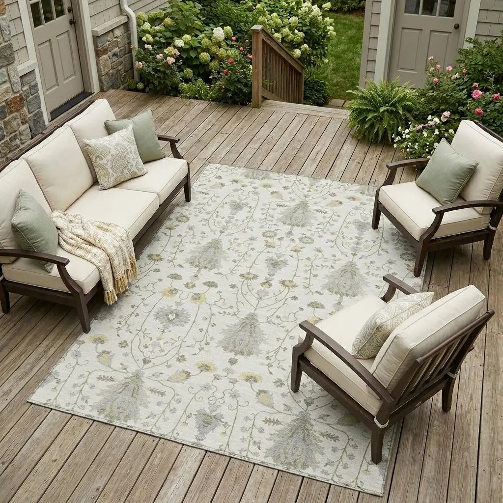 10' X 14' Ivory And Silver Oriental Washable Indoor Outdoor Area Rug Homeroots Outdoor