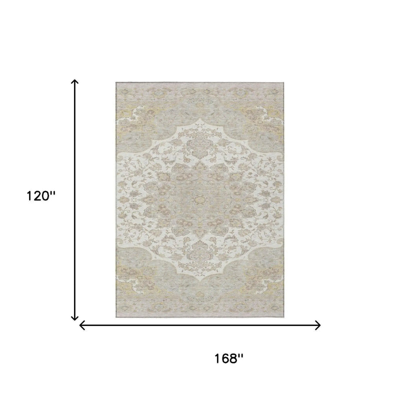 10' X 14' Ivory And Silver Oriental Washable Indoor Outdoor Area Rug Homeroots Outdoor