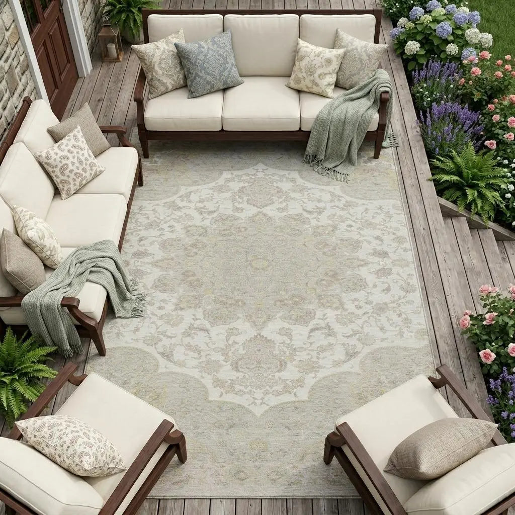 10' X 14' Ivory And Silver Oriental Washable Indoor Outdoor Area Rug Homeroots Outdoor