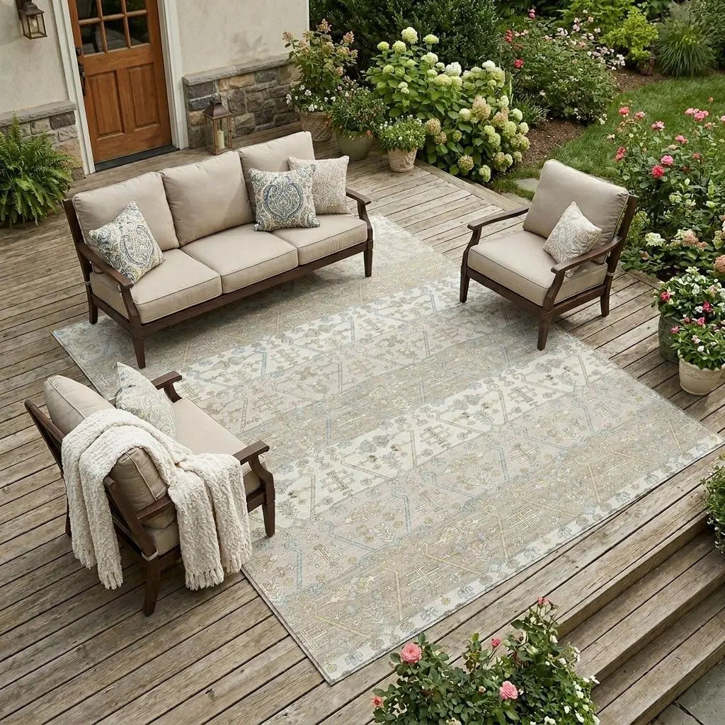 10' X 14' Ivory And Silver Oriental Washable Indoor Outdoor Area Rug Homeroots Outdoor