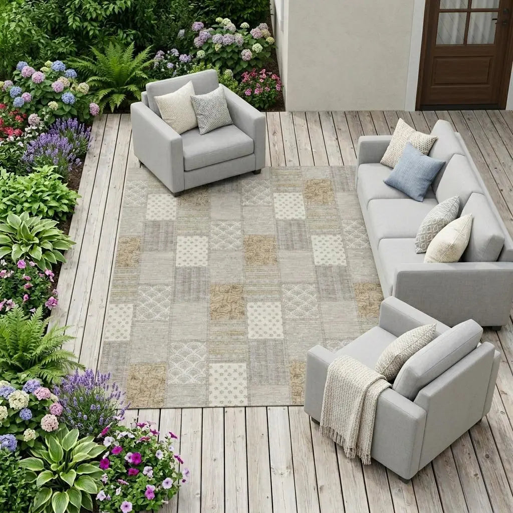 10' X 14' Ivory And Silver Patchwork Washable Indoor Outdoor Area Rug Homeroots Outdoor