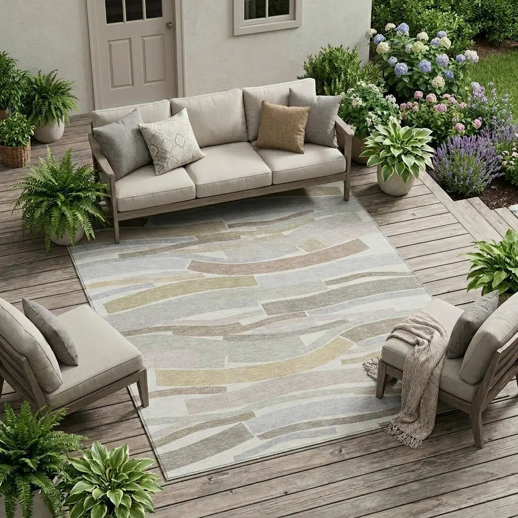 Light gray outdoor rug with beige and taupe abstract patterns, complemented by a cozy seating arrangement and lush greenery.