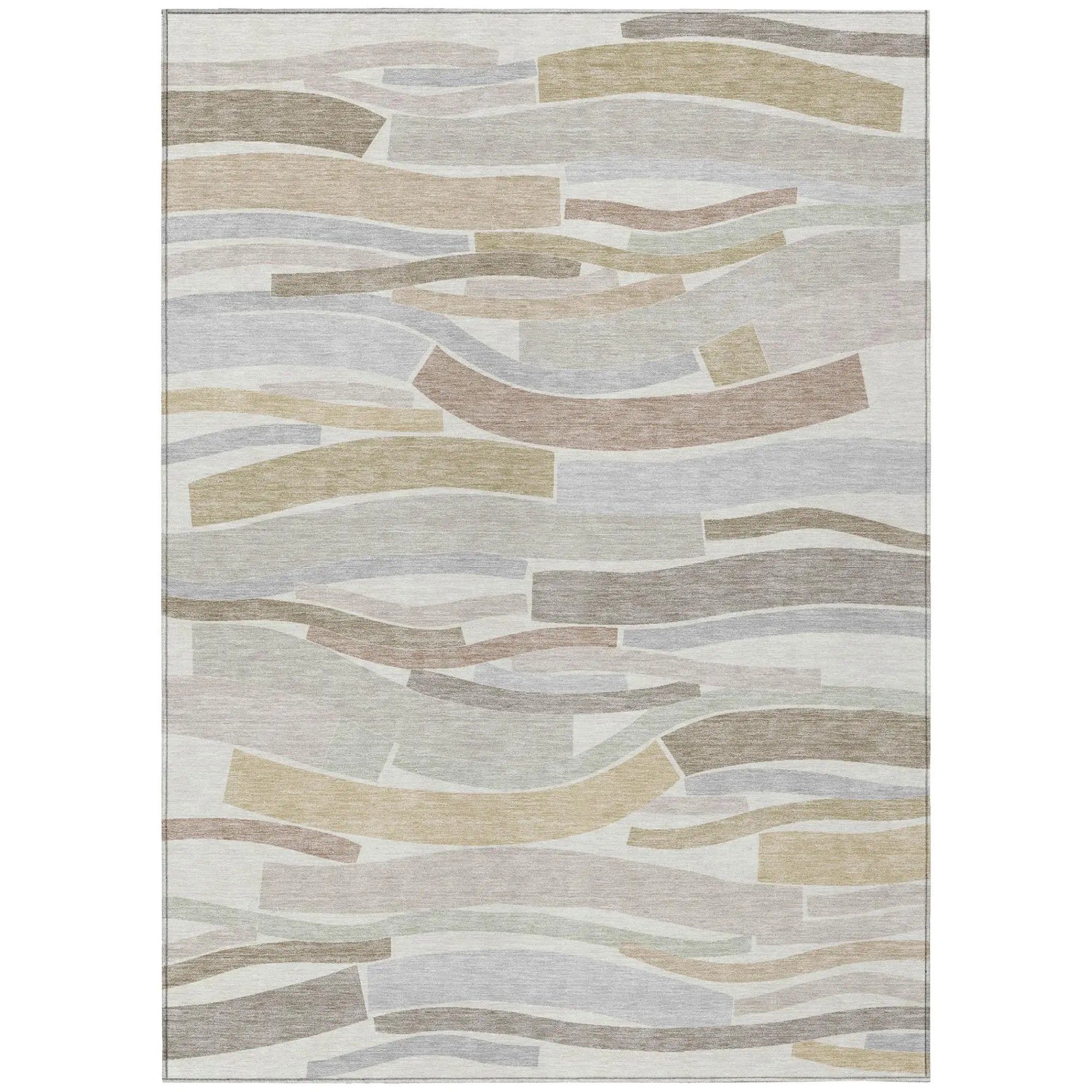 Abstract multicolor area rug in soft greys, taupes, and pastels, crafted from durable, high-quality fibers.