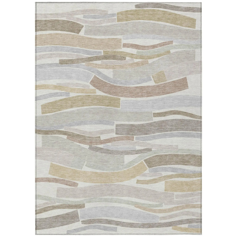 Abstract multicolor area rug in soft greys, taupes, and pastels, crafted from durable, high-quality fibers.