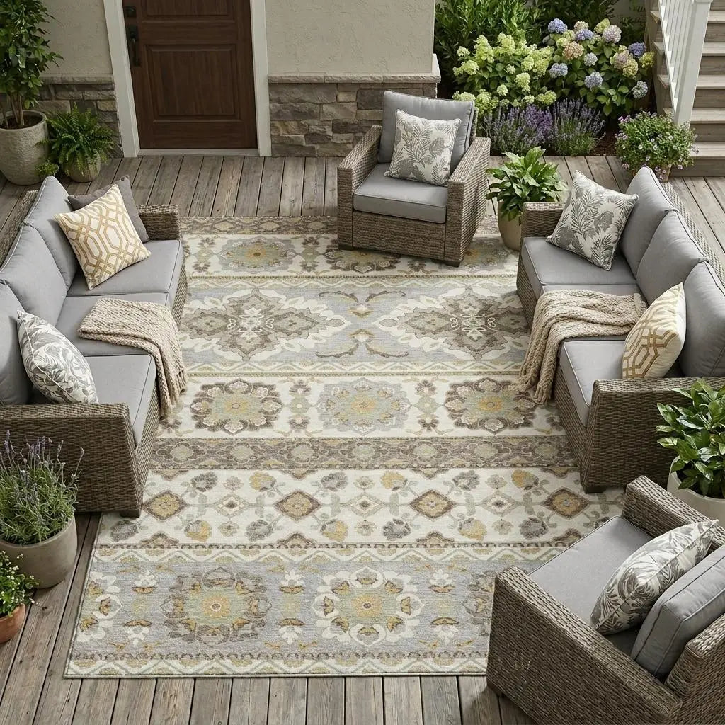 10' X 14' Ivory And Silver Tribal Washable Indoor Outdoor Area Rug Homeroots Outdoor