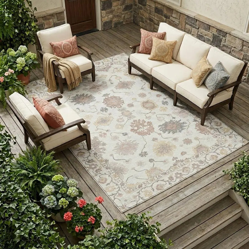 10' X 14' Ivory And Sky Blue Oriental Washable Indoor Outdoor Area Rug Homeroots Outdoor