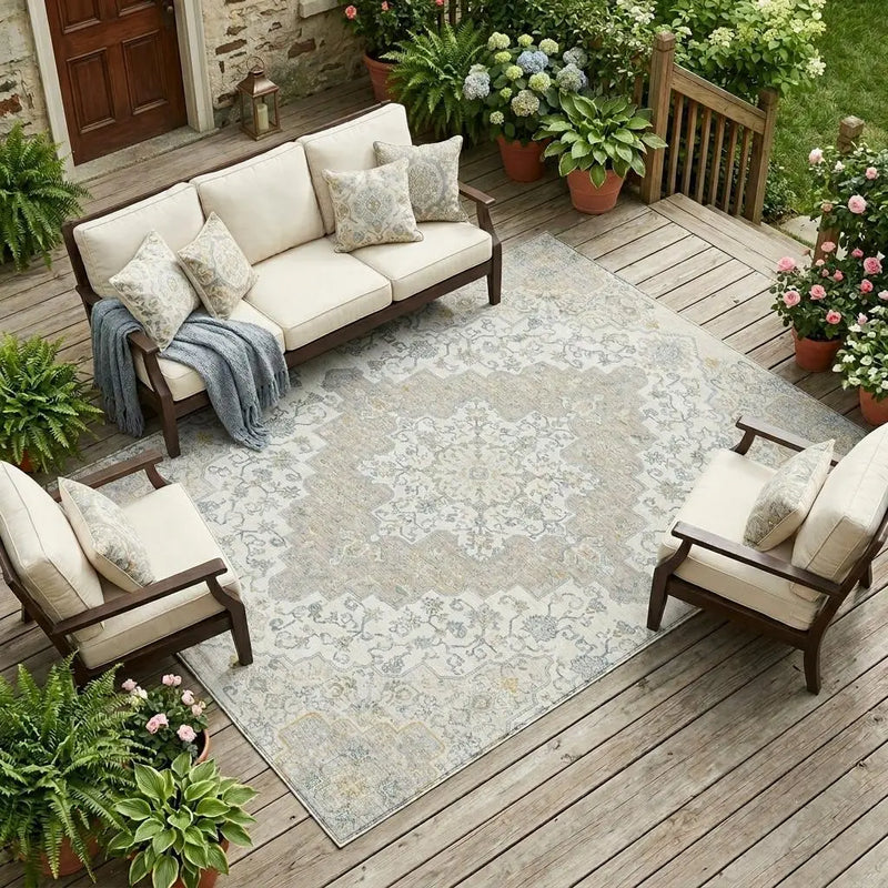 10' X 14' Ivory And Taupe Medallion Washable Indoor Outdoor Area Rug Homeroots Outdoor