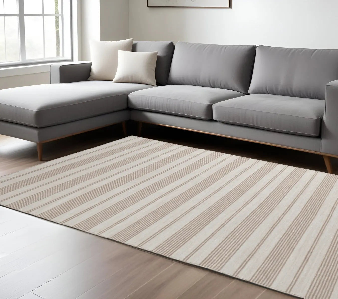 10' X 14' Ivory And Taupe Striped Hand Woven Area Rug Homeroots Outdoor